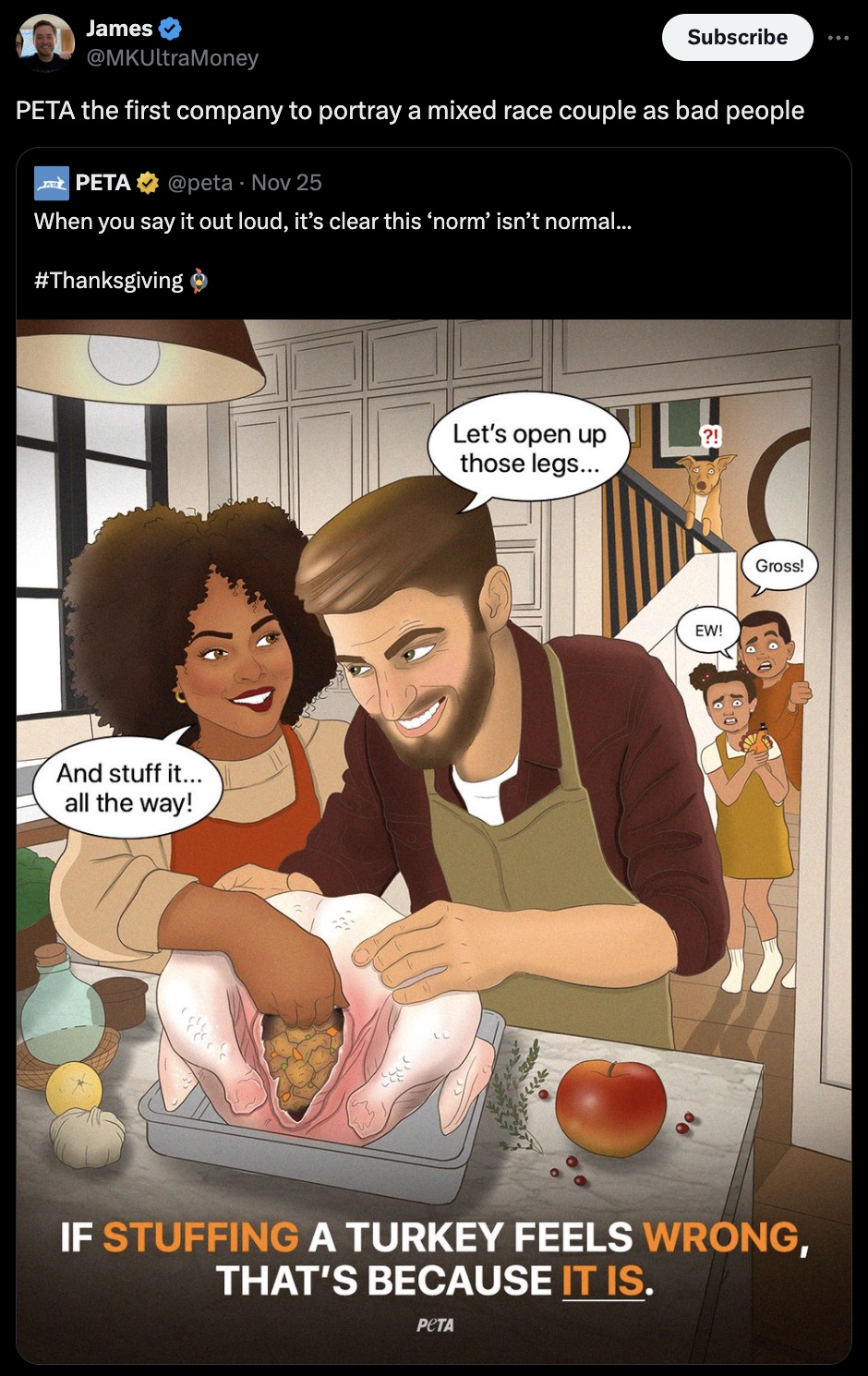 cartoon - James Subscribe Peta the first company to portray a mixed race couple as bad people Peta Nov 25 When you say it out loud, it's clear this 'norm' isn't normal... And stuff it... all the way! Let's open up those legs... ?! Ew! Gross! If Stuffing A